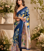 blue printed chanderi cotton ready to wear saree with unstitched blouse