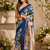 blue printed chanderi cotton ready to wear saree with unstitched blouse