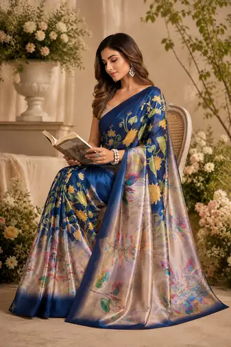 blue printed chanderi cotton ready to wear saree with unstitched blouse
