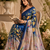 blue printed chanderi cotton ready to wear saree with unstitched blouse