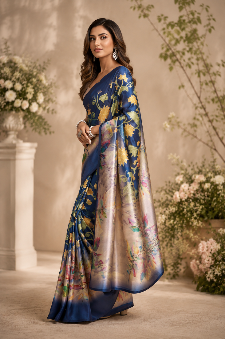 blue printed chanderi cotton ready to wear saree with unstitched blouse