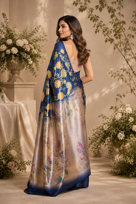blue printed chanderi cotton ready to wear saree with unstitched blouse 4