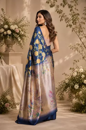 blue printed chanderi cotton ready to wear saree with unstitched blouse