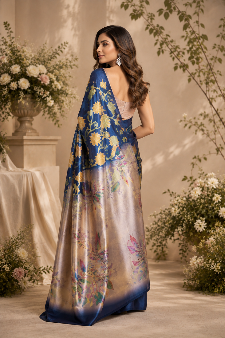 blue printed chanderi cotton ready to wear saree with unstitched blouse