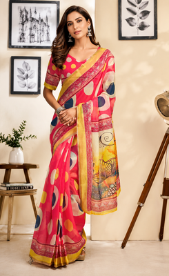 coral pink printed chanderi cotton ready to wear saree with unstitched blouse 1