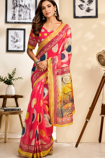 coral pink printed chanderi cotton ready to wear saree with unstitched blouse