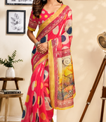 coral pink printed chanderi cotton ready to wear saree with unstitched blouse