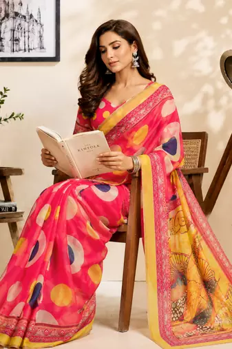 coral pink printed chanderi cotton ready to wear saree with unstitched blouse