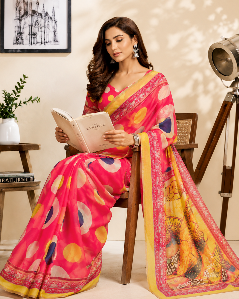 coral pink printed chanderi cotton ready to wear saree with unstitched blouse