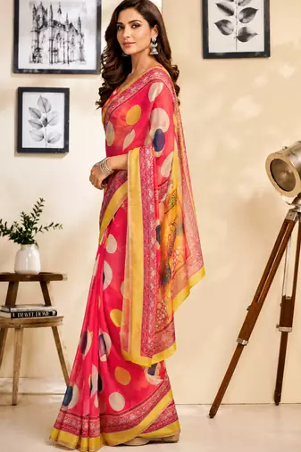 coral pink printed chanderi cotton ready to wear saree with unstitched blouse