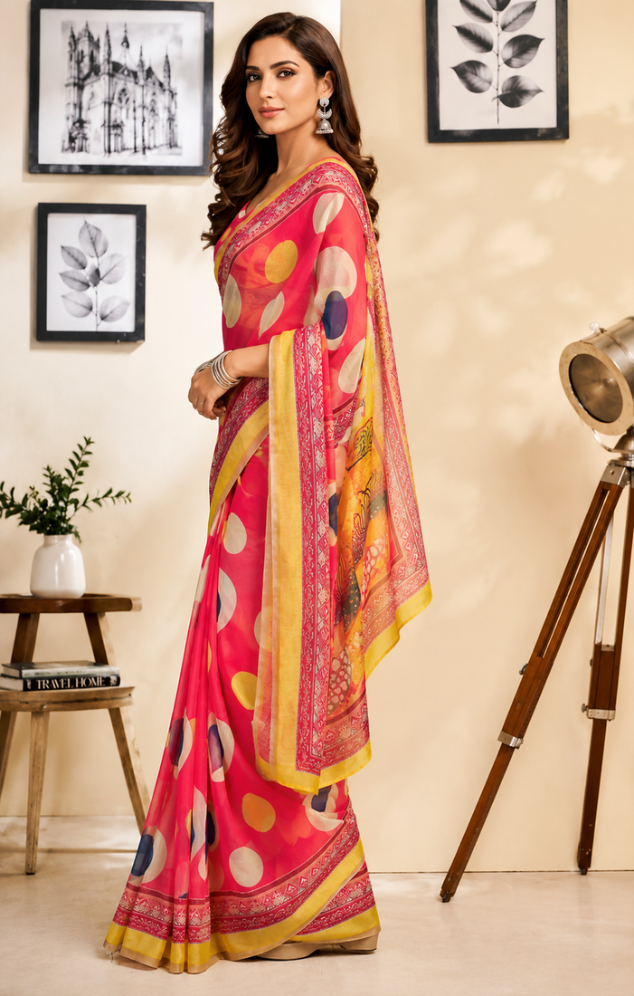 coral pink printed chanderi cotton ready to wear saree with unstitched blouse