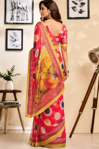 coral pink printed chanderi cotton ready to wear saree with unstitched blouse