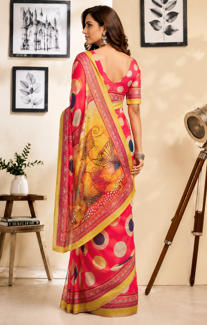 coral pink printed chanderi cotton ready to wear saree with unstitched blouse