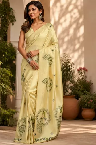 cream printed chanderi cotton ready to wear saree with unstitched blouse
