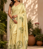 cream printed chanderi cotton ready to wear saree with unstitched blouse