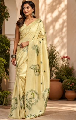 cream printed chanderi cotton ready to wear saree with unstitched blouse 2