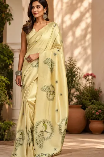 cream printed chanderi cotton ready to wear saree with unstitched blouse