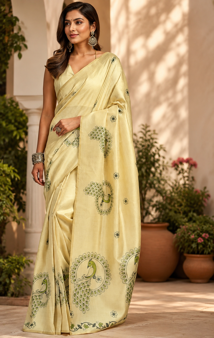 cream printed chanderi cotton ready to wear saree with unstitched blouse