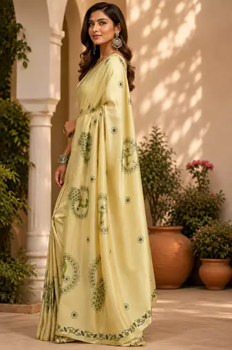 cream printed chanderi cotton ready to wear saree with unstitched blouse