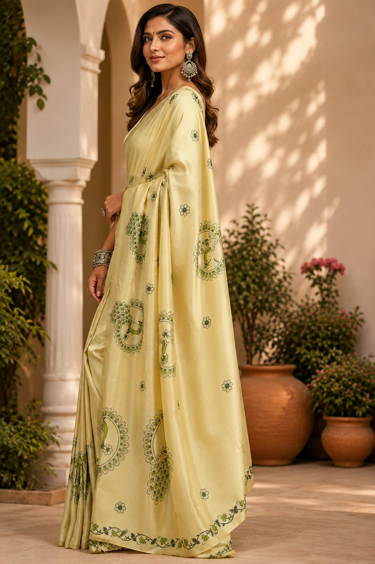 cream printed chanderi cotton ready to wear saree with unstitched blouse