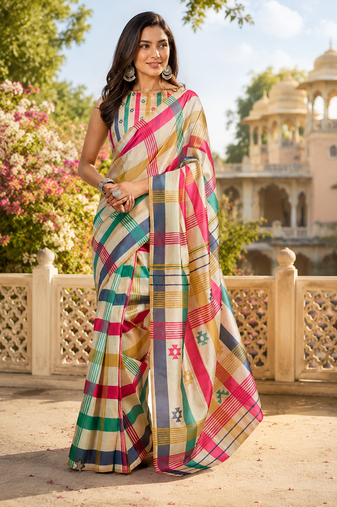multicolor printed chanderi cotton ready to wear saree with unstitched blouse