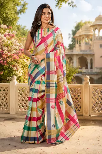 multicolor printed chanderi cotton ready to wear saree with unstitched blouse
