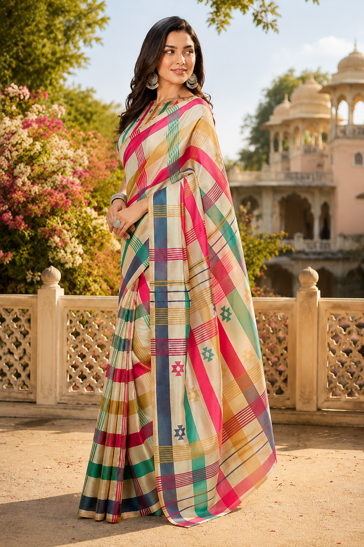 multicolor printed chanderi cotton ready to wear saree with unstitched blouse