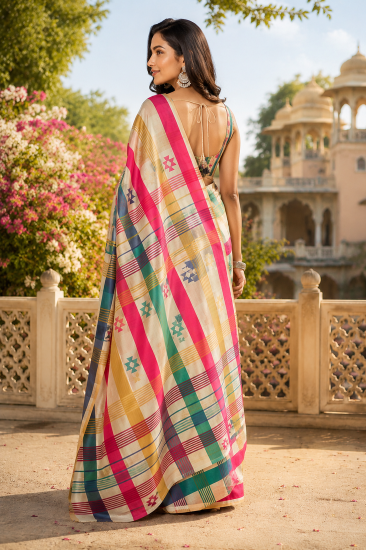 multicolor printed chanderi cotton ready to wear saree with unstitched blouse