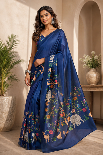 navy blue printed chanderi cotton ready to wear saree with unstitched blouse