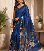 navy blue printed chanderi cotton ready to wear saree with unstitched blouse