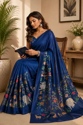 navy blue printed chanderi cotton ready to wear saree with unstitched blouse