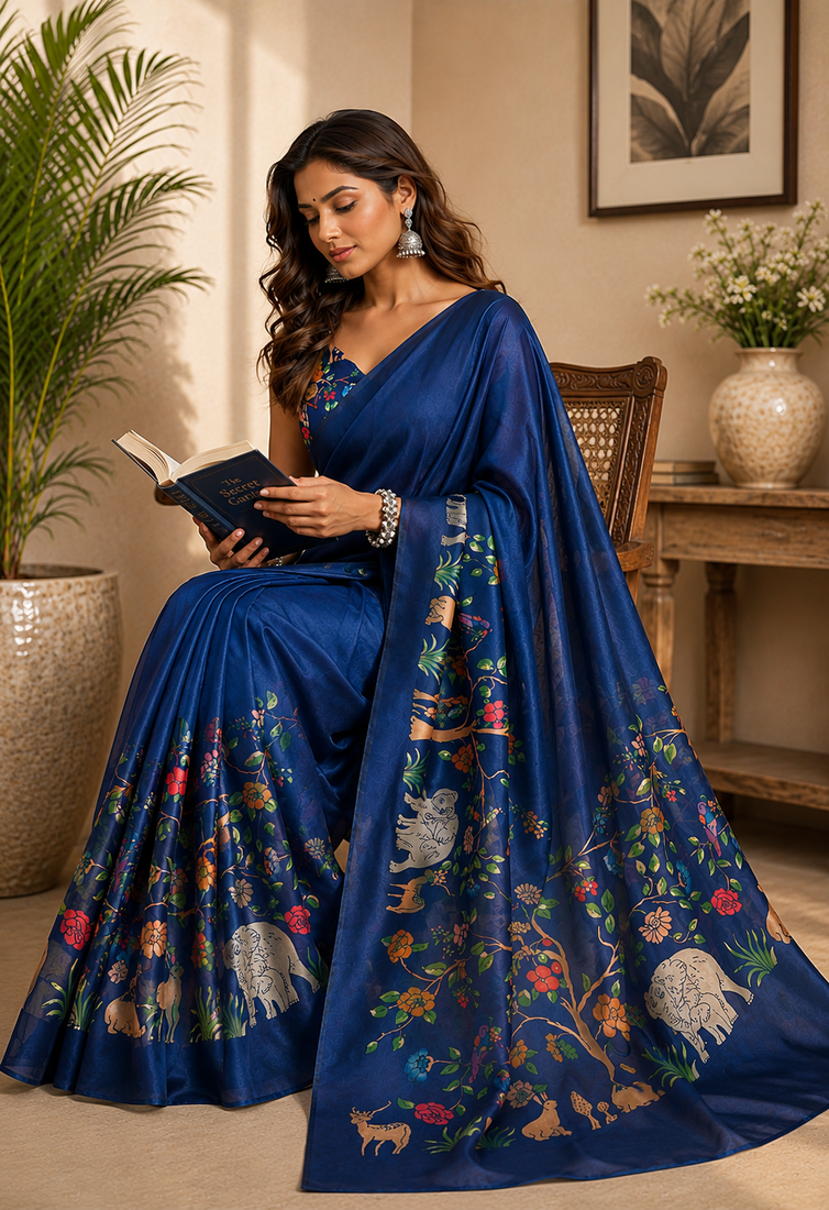 navy blue printed chanderi cotton ready to wear saree with unstitched blouse