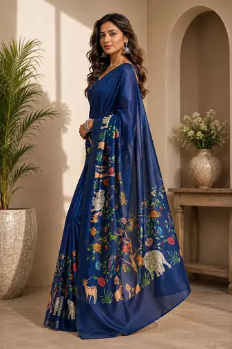 navy blue printed chanderi cotton ready to wear saree with unstitched blouse