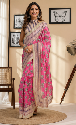 pink printed chanderi cotton ready to wear saree with unstitched blouse 1