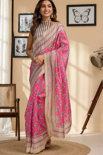 pink printed chanderi cotton ready to wear saree with unstitched blouse