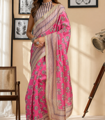 pink printed chanderi cotton ready to wear saree with unstitched blouse