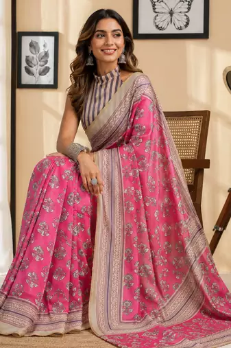 pink printed chanderi cotton ready to wear saree with unstitched blouse