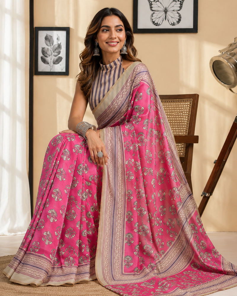 pink printed chanderi cotton ready to wear saree with unstitched blouse