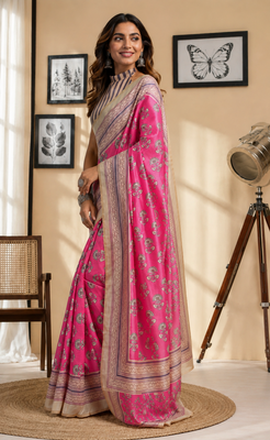 pink printed chanderi cotton ready to wear saree with unstitched blouse 3