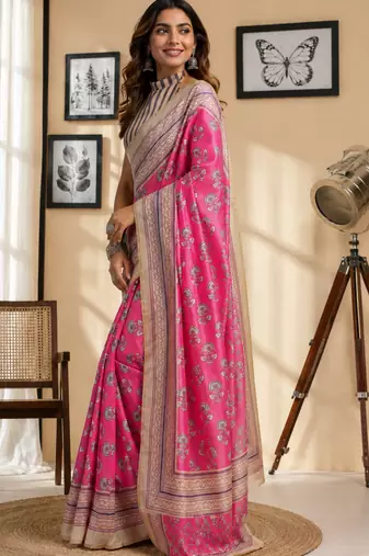 pink printed chanderi cotton ready to wear saree with unstitched blouse
