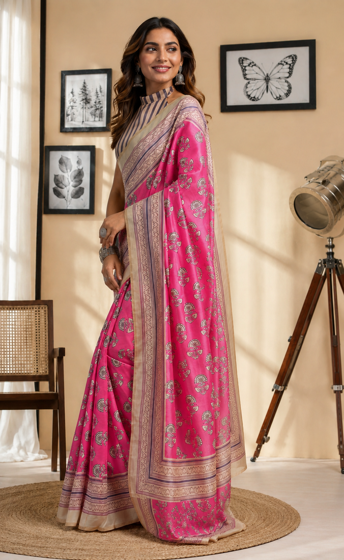 pink printed chanderi cotton ready to wear saree with unstitched blouse