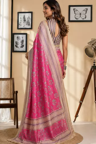 pink printed chanderi cotton ready to wear saree with unstitched blouse