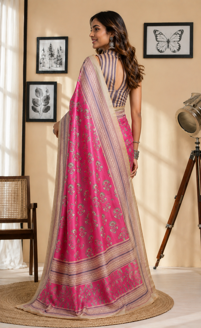pink printed chanderi cotton ready to wear saree with unstitched blouse