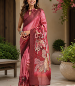 pink maroon printed chanderi cotton ready to wear saree with unstitched blouse