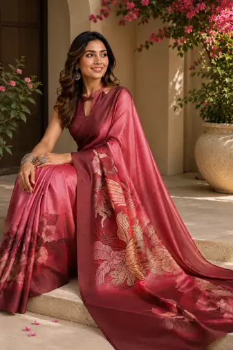 pink maroon printed chanderi cotton ready to wear saree with unstitched blouse