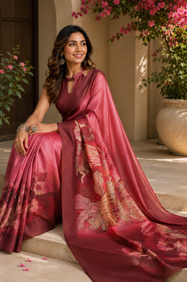 pink maroon printed chanderi cotton ready to wear saree with unstitched blouse