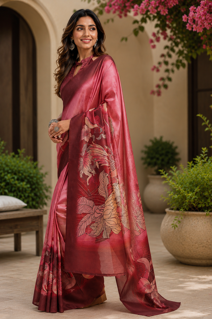 pink maroon printed chanderi cotton ready to wear saree with unstitched blouse