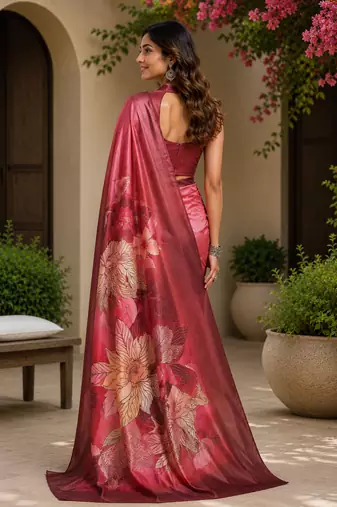 pink maroon printed chanderi cotton ready to wear saree with unstitched blouse