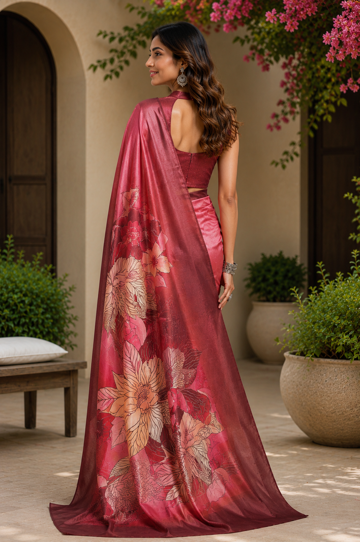 pink maroon printed chanderi cotton ready to wear saree with unstitched blouse