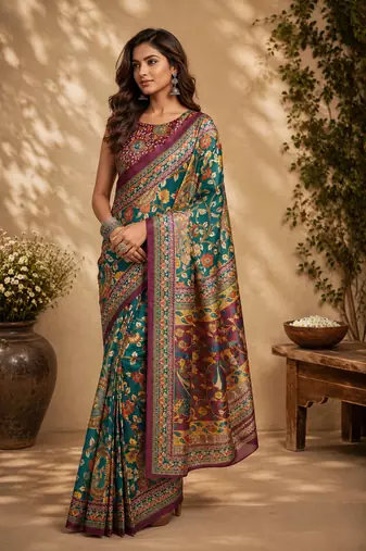 teal green printed chanderi cotton ready to wear saree with unstitched blouse